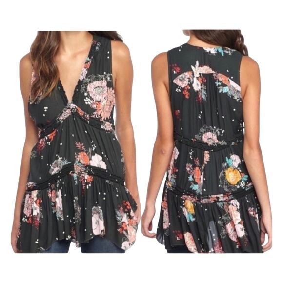 Free People Tops - FREE PEOPLE Haze Floral Tiered Ruffle Tunic Sleeveless Flowy Shirt Boho Size XS